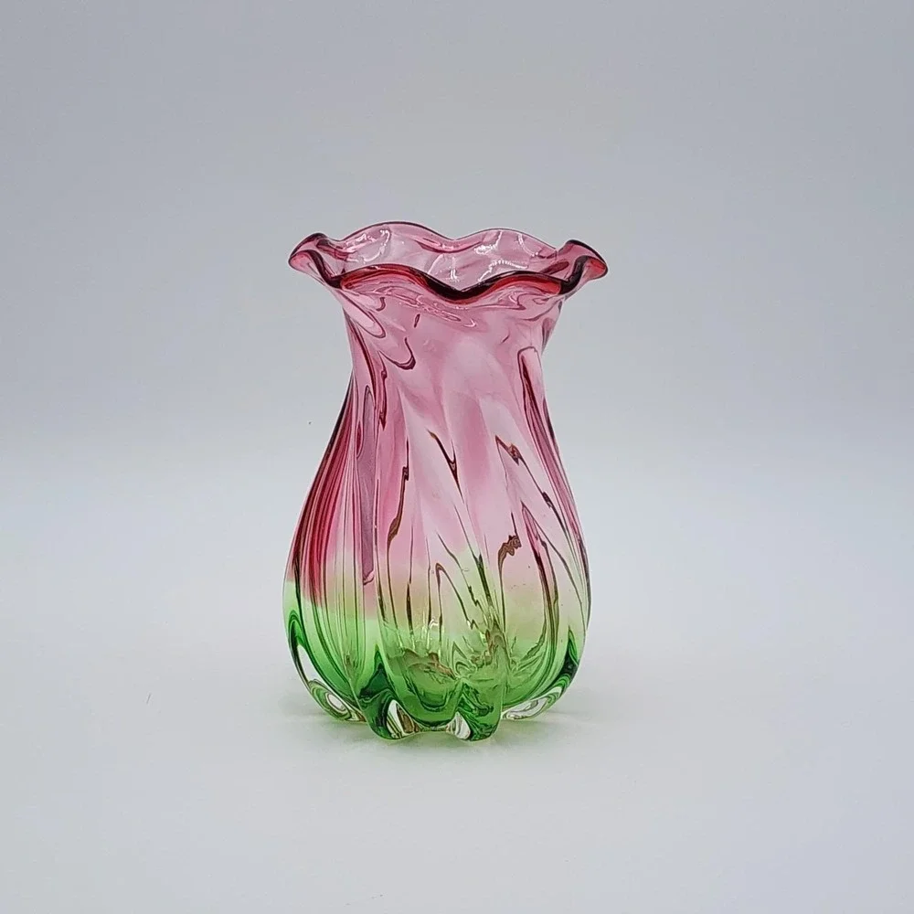 Vintage Teleflora Vase Hand Blown Glass Pink to Green Swirl & Ruffled Rim 7.5